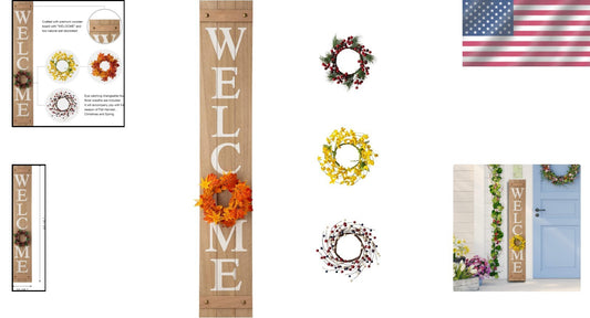 Charming Wooden Welcome Sign with Interchangeable Floral Wreaths for All Seasons