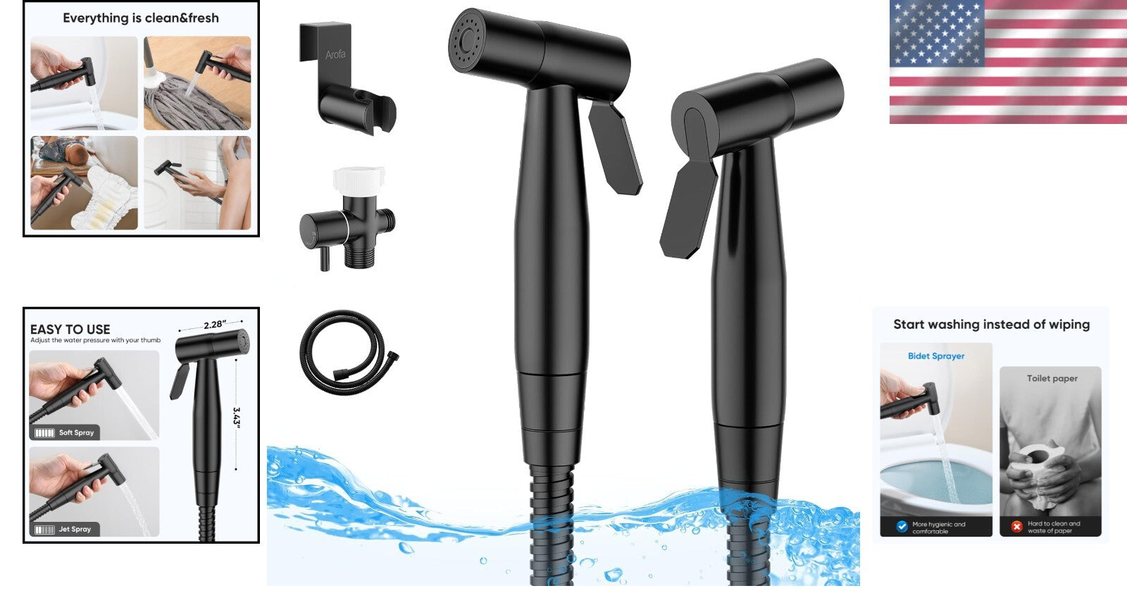Matte Black Handheld Bidet Sprayer Set - Adjustable Pressure, 2 Pack Bundle