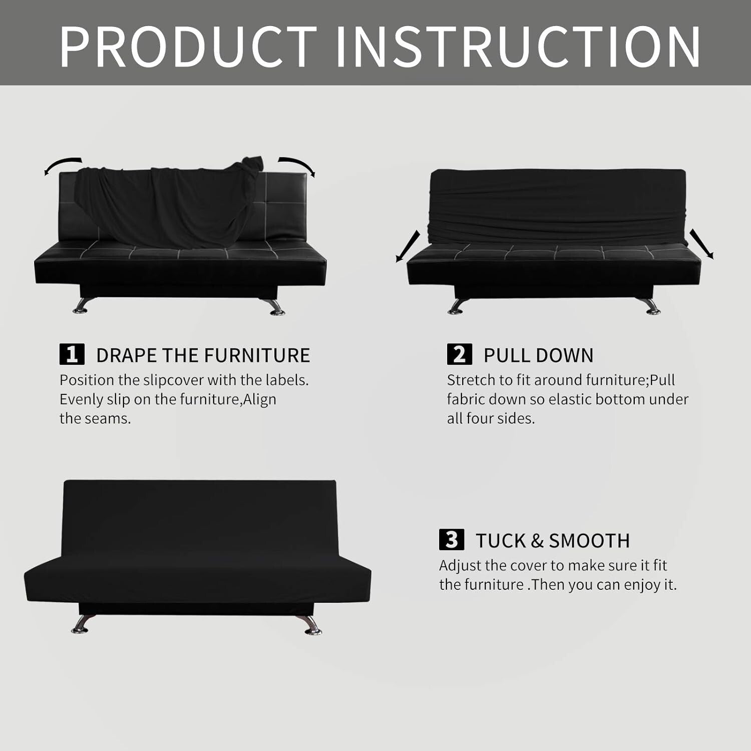 Elegant Black Armless Futon Slipcover - Stretchy Jacquard Fabric Protector