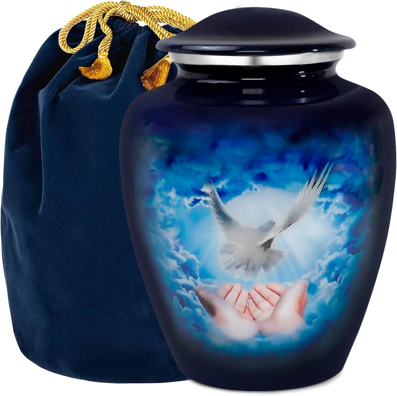 Durable 9.2" Blue Dove Cremation Urn - Secure Threaded Top, Velvet Bag Included