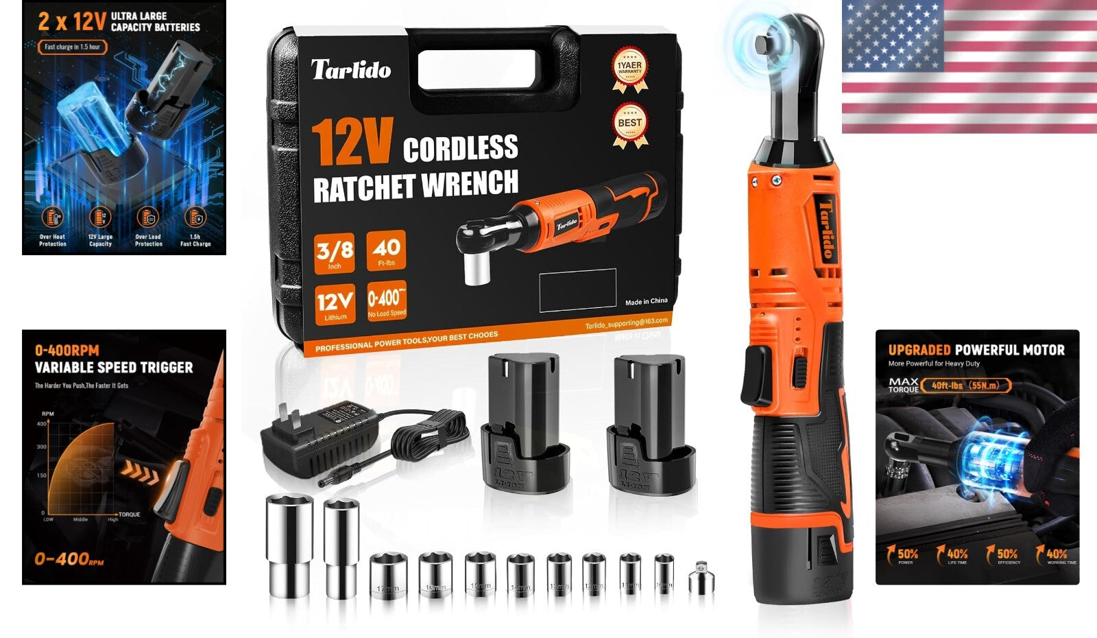 12V Battery-Powered Ratchet Wrench Set - 400 RPM with Safety Lock & Accessories
