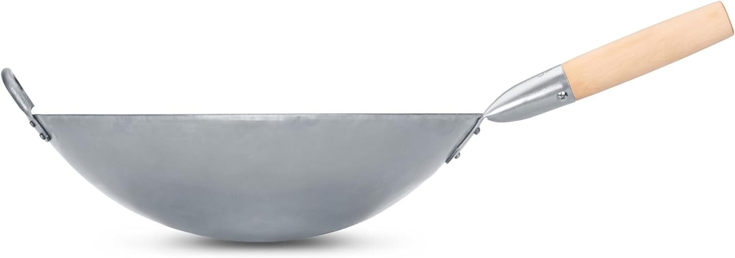 Professional 14-Inch Chinese Carbon Steel Wok with Heat-Resistant Helper Handle