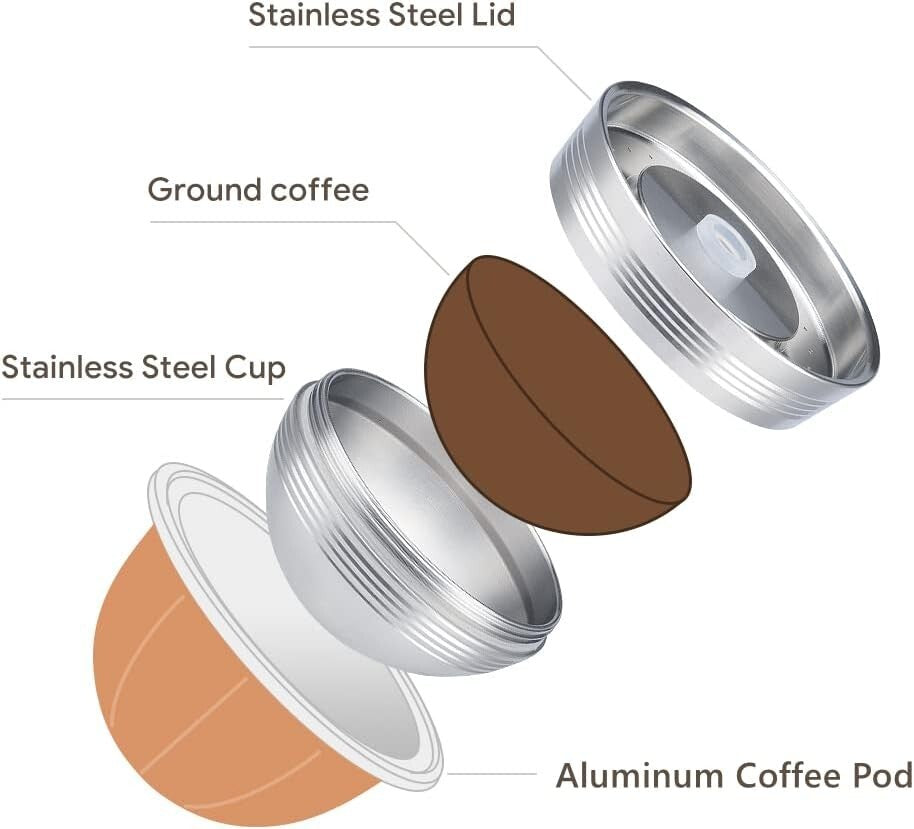6-Pack Stainless Steel Reusable Coffee Capsules for Vertuo Next + Coffee Tamper