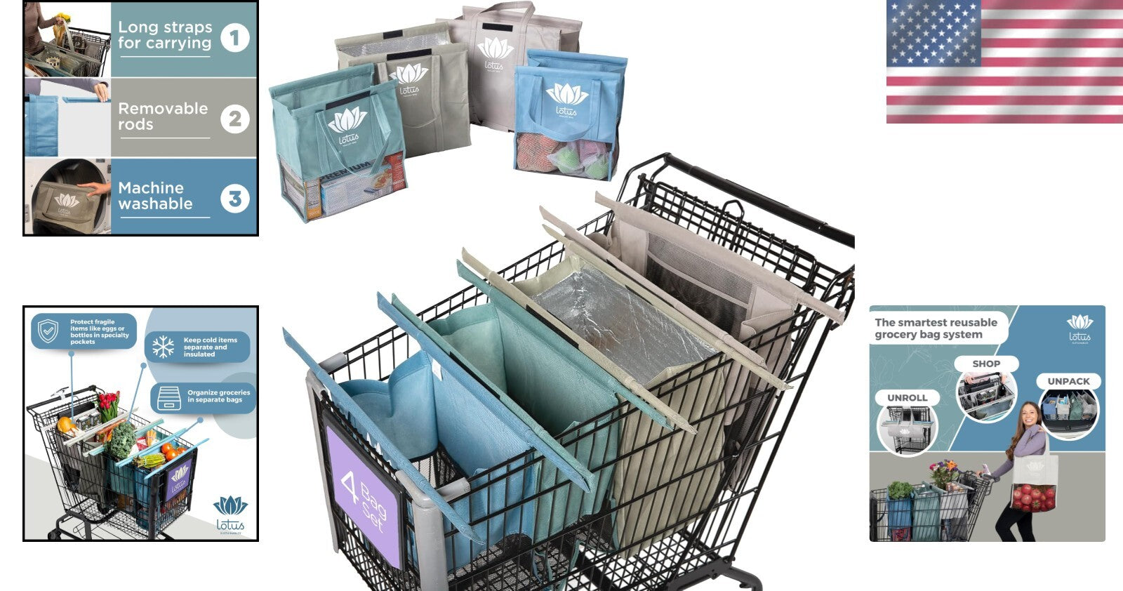 Set of 4 Reusable Grocery Bags with Insulated Cooler & Egg Holder – Earth Tones