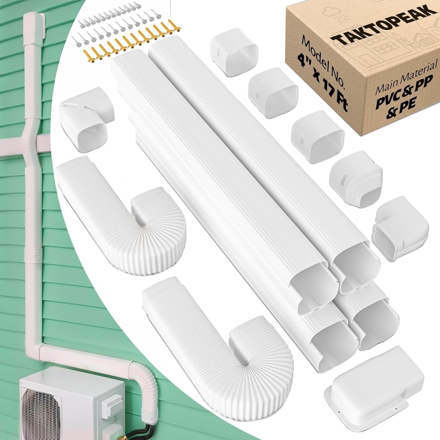 All-in-One Mini Split Line Set Cover Kit - 4" Wide & 17 Ft Long in Elegant White