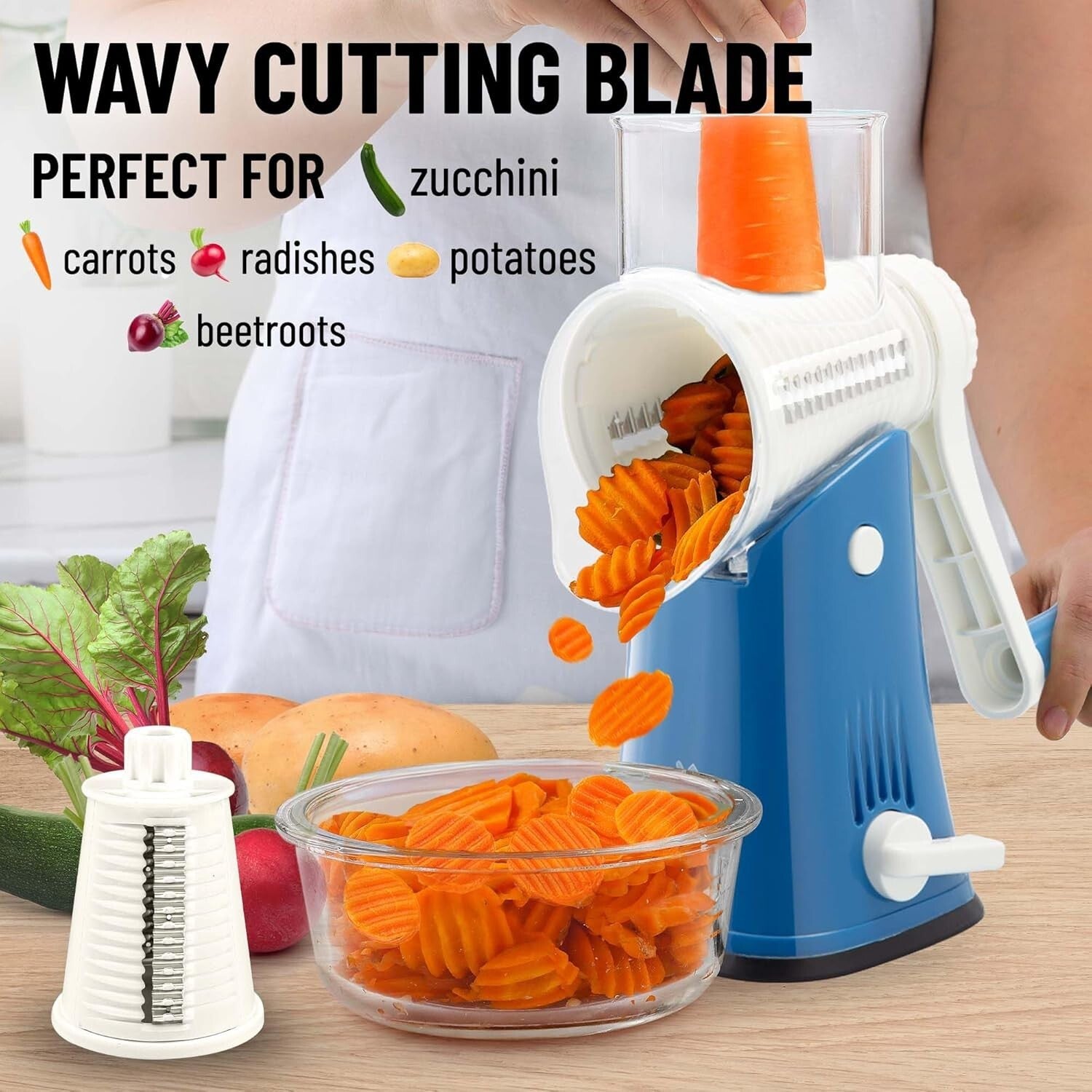 5 Stainless Steel Blades Vegetable Chopper & Cheese Grater - Heavenly Blue