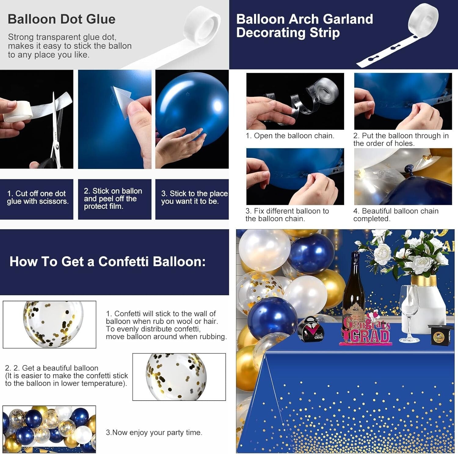 Complete Graduation Decor Bundle - Balloons, Backdrop & Gold Dot Tablecloths