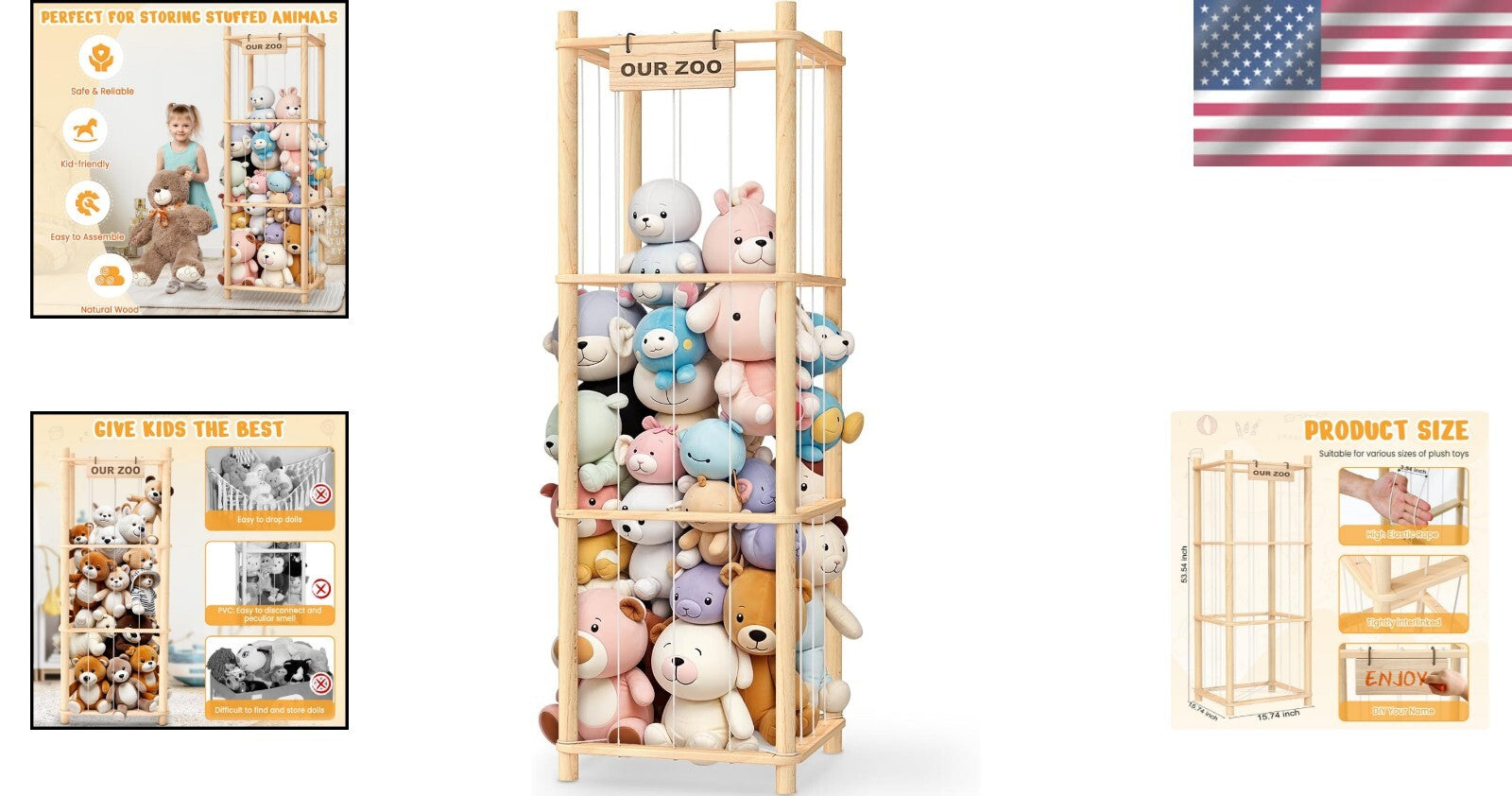 Durable Stuffed Animal Organizer with Personalizable Nameplate - 88 lbs Capacity