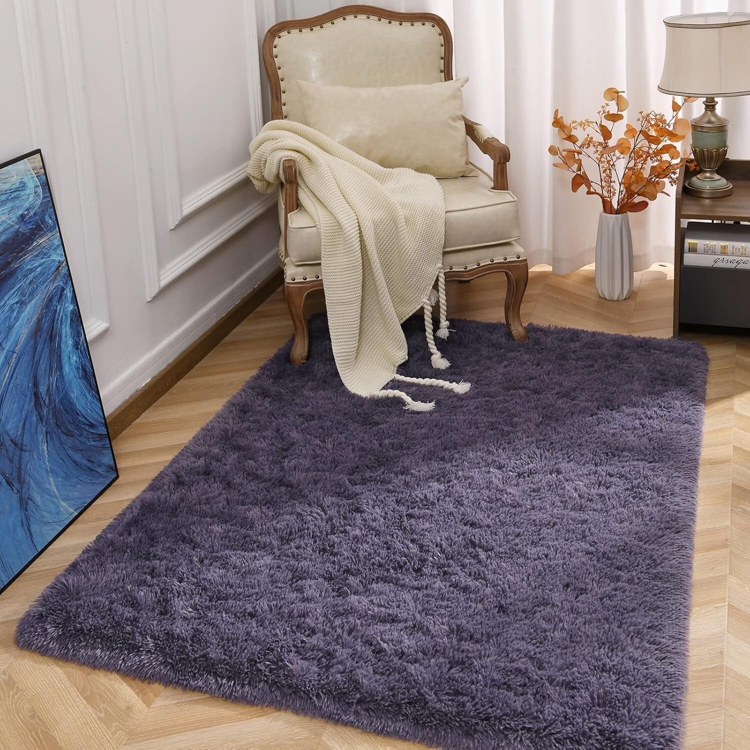 Fluffy 10x12 Gray Purple Area Rug - Non-Slip Carpet for Living Room & Bedroom