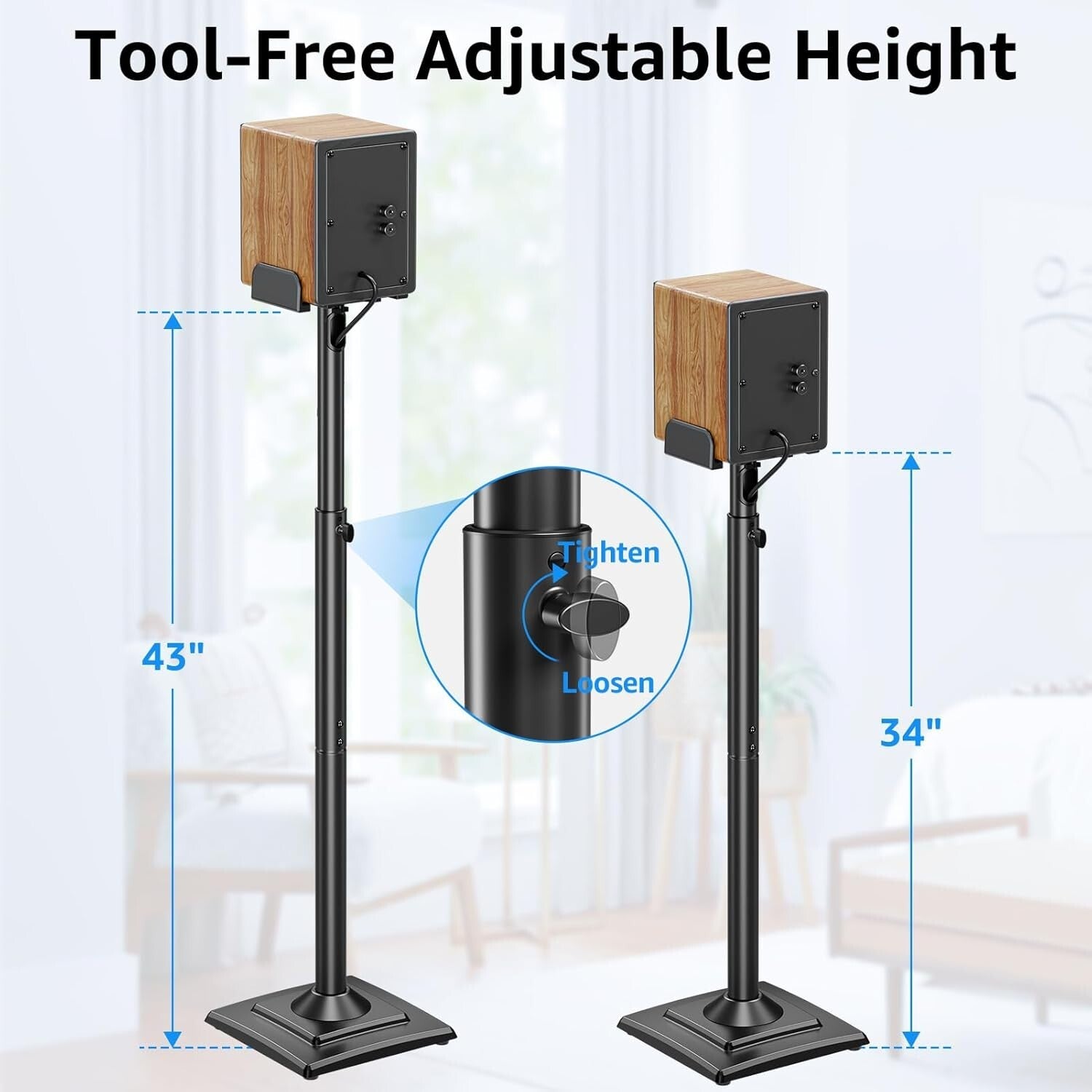 Sleek 34" to 43.3" Adjustable Speaker Stands with Concealed Cables – Alloy Steel