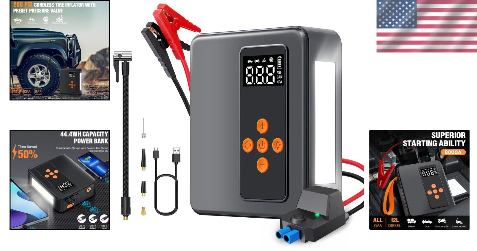 All-in-One Jump Starter & Tire Inflator - 8000A with 32000mAh & Bright LED Light