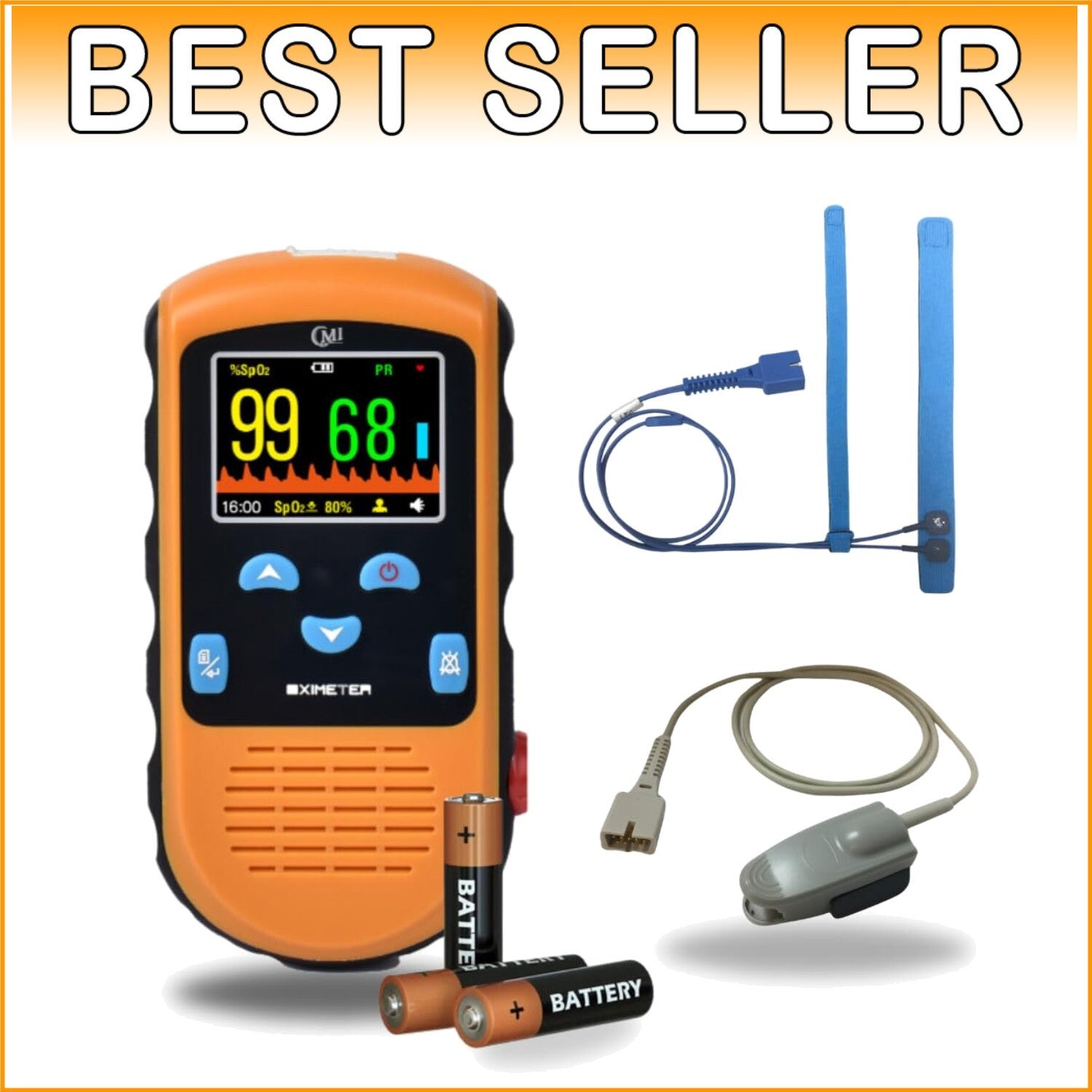 Battery Operated Pulse Oximeter for Infants & Adults - Adjustable Alarm & Case