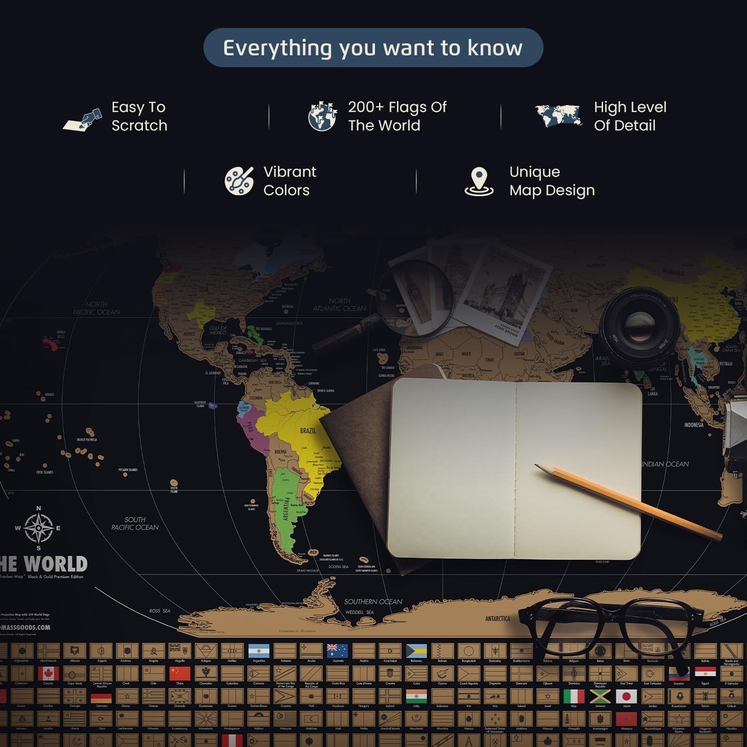 Explore the World - Extra Large Scratch Off Map 36x24 with Elegant Wood Frame