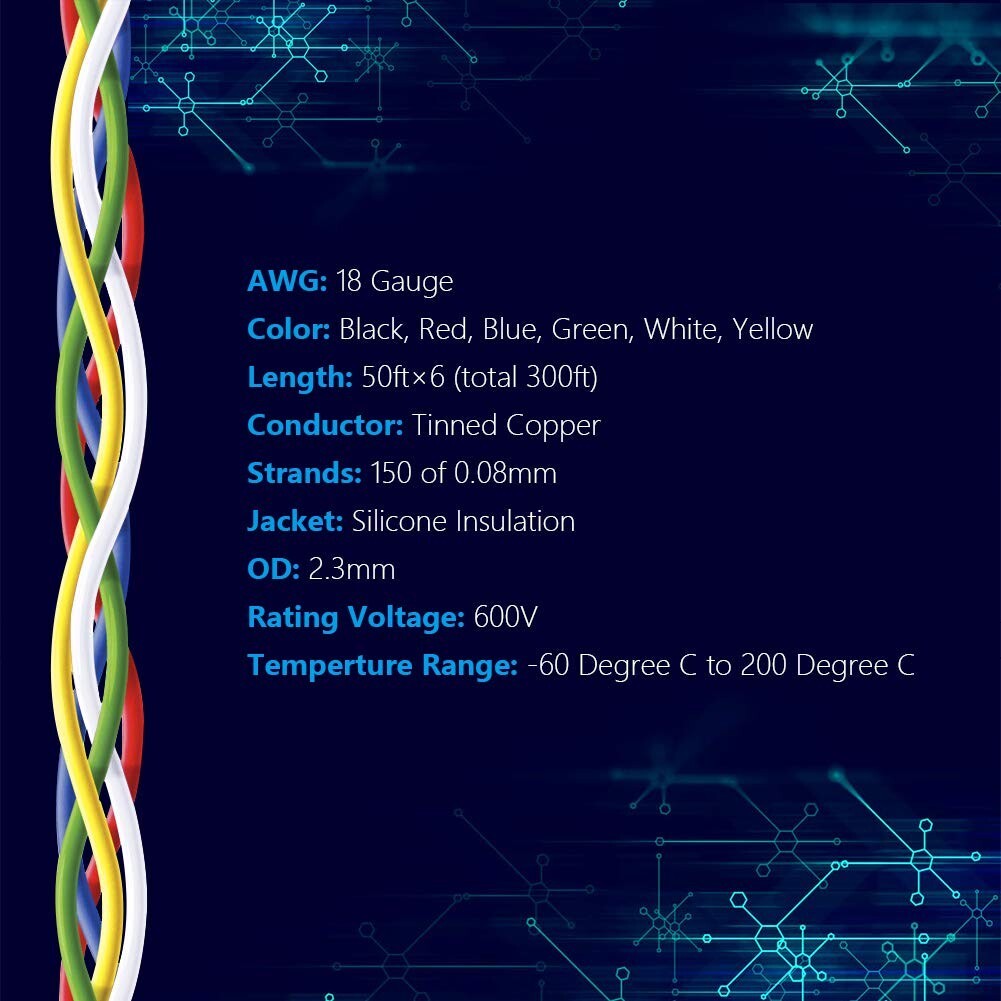 Flexible 18 AWG Electrical Wire Spools - 50ft Each, Tinned Copper in 6 Colors