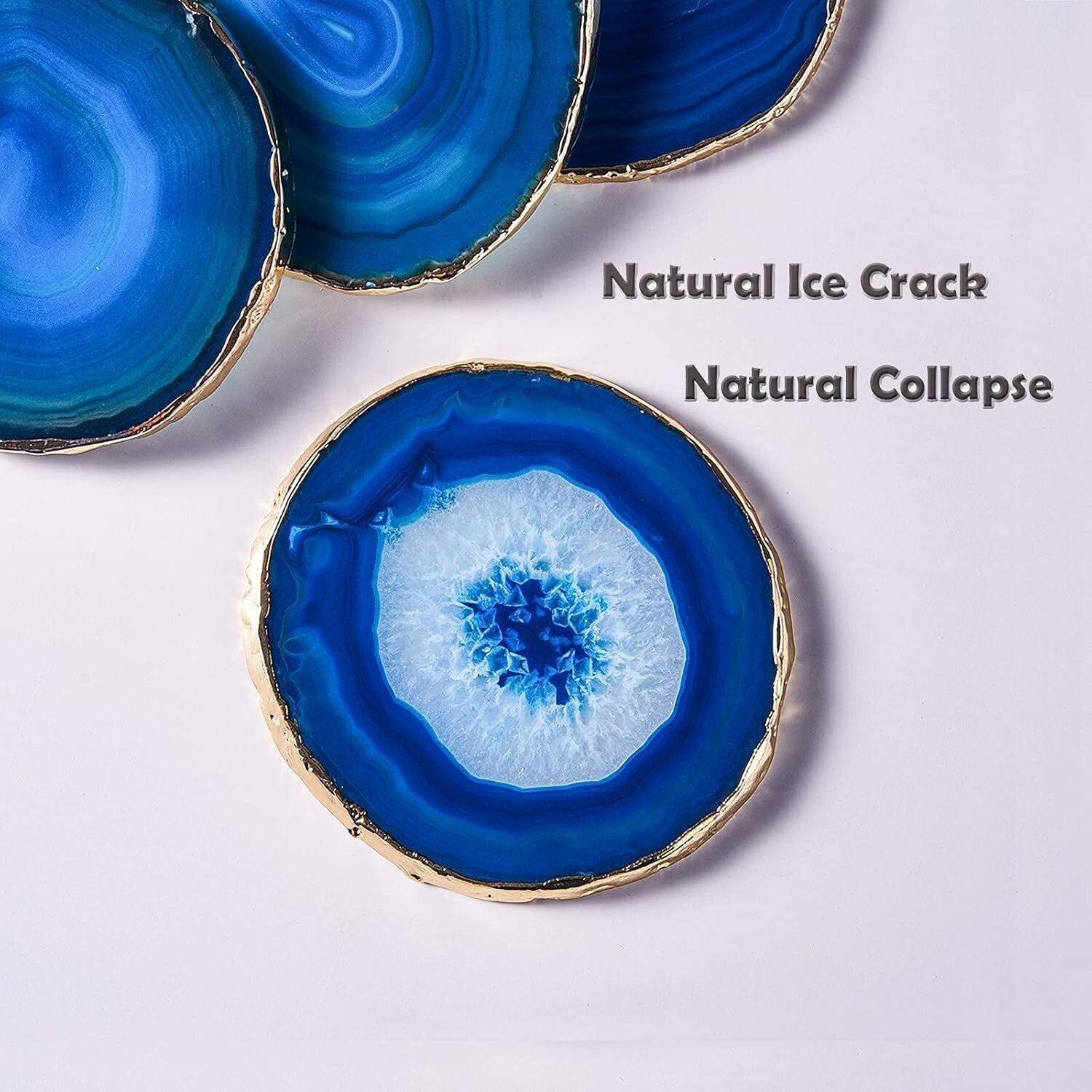 Natural Blue Agate Drink Coasters Set of 4 with Gold Rim - Perfect Gift Choice