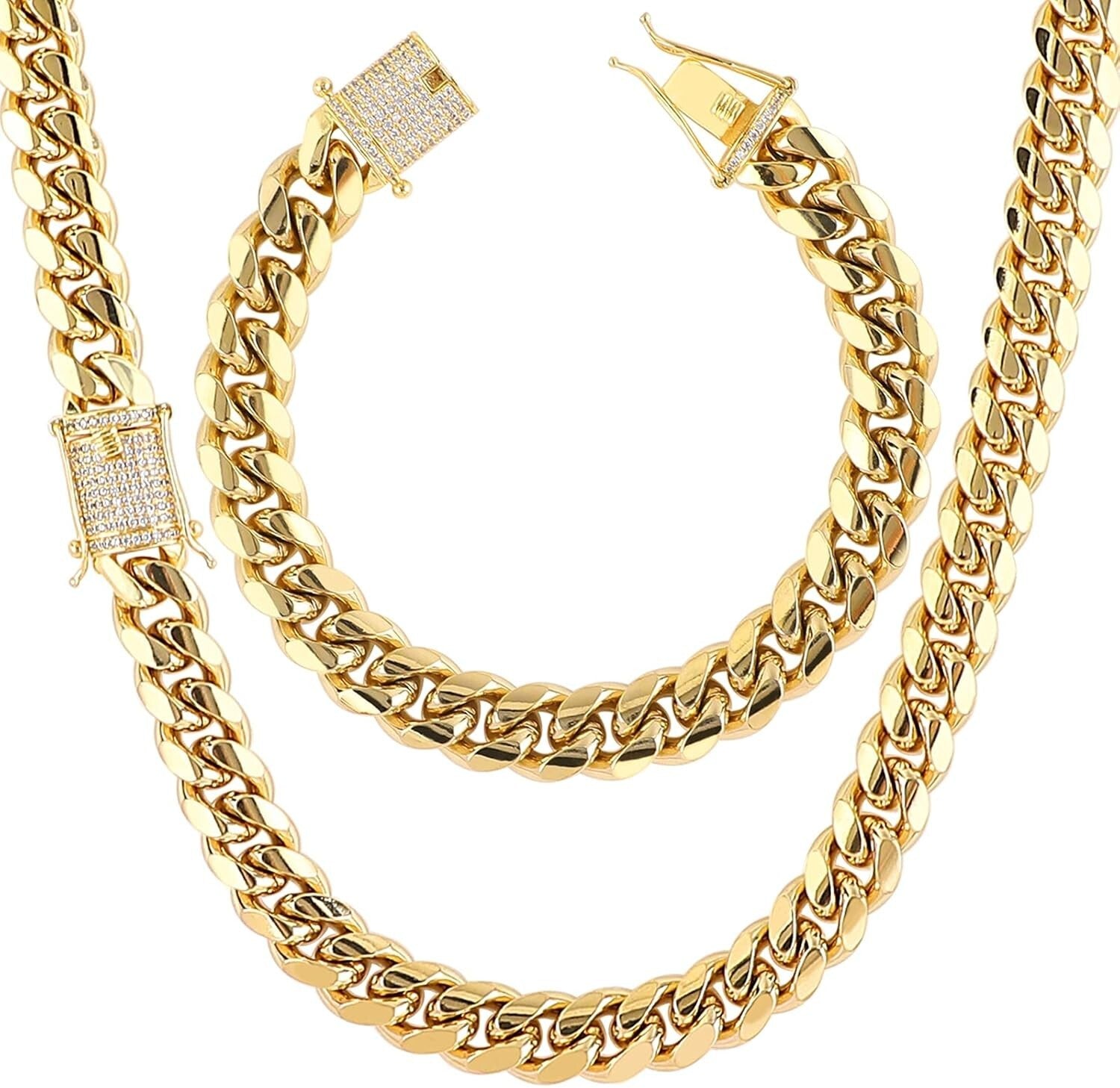 Durable 18K Gold Plated Stainless Steel Cuban Link Set - 24 Inch Men's Jewelry