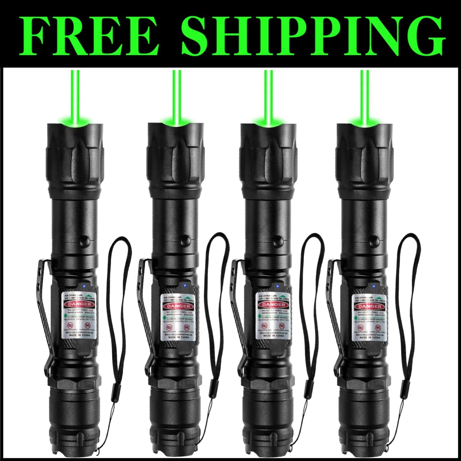 Long-Distance Green Beam Flashlights - 4 Pack Rechargeable for Outdoors/Office