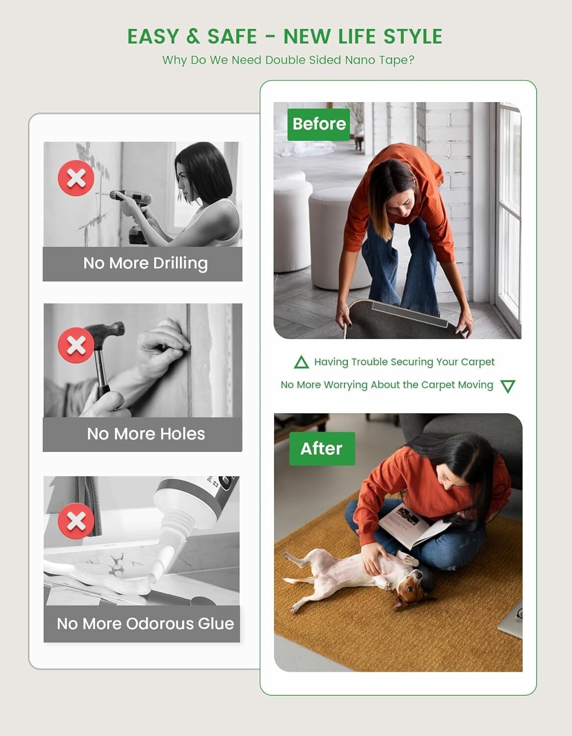 Nano Adhesive Double Sided Tape, 16.4FT in 3pcs - Ideal for Wall & Office Use