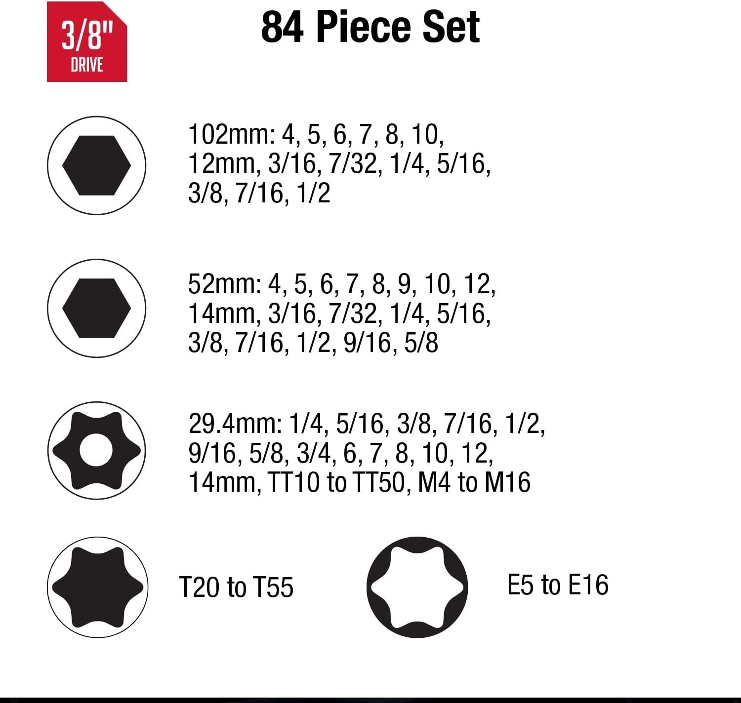 84-Piece 3/8" Drive CR-MO Master Hex Bit Impact Socket Set - Durable & Versatile
