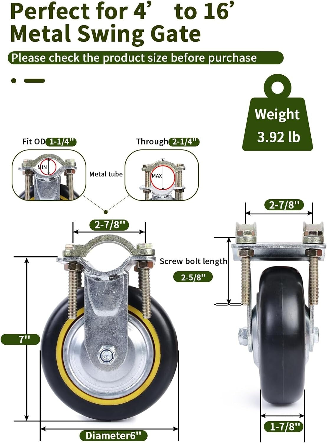 Easy Install 6" Gate Wheels for Metal Gates - Complete with Mounting Hardware