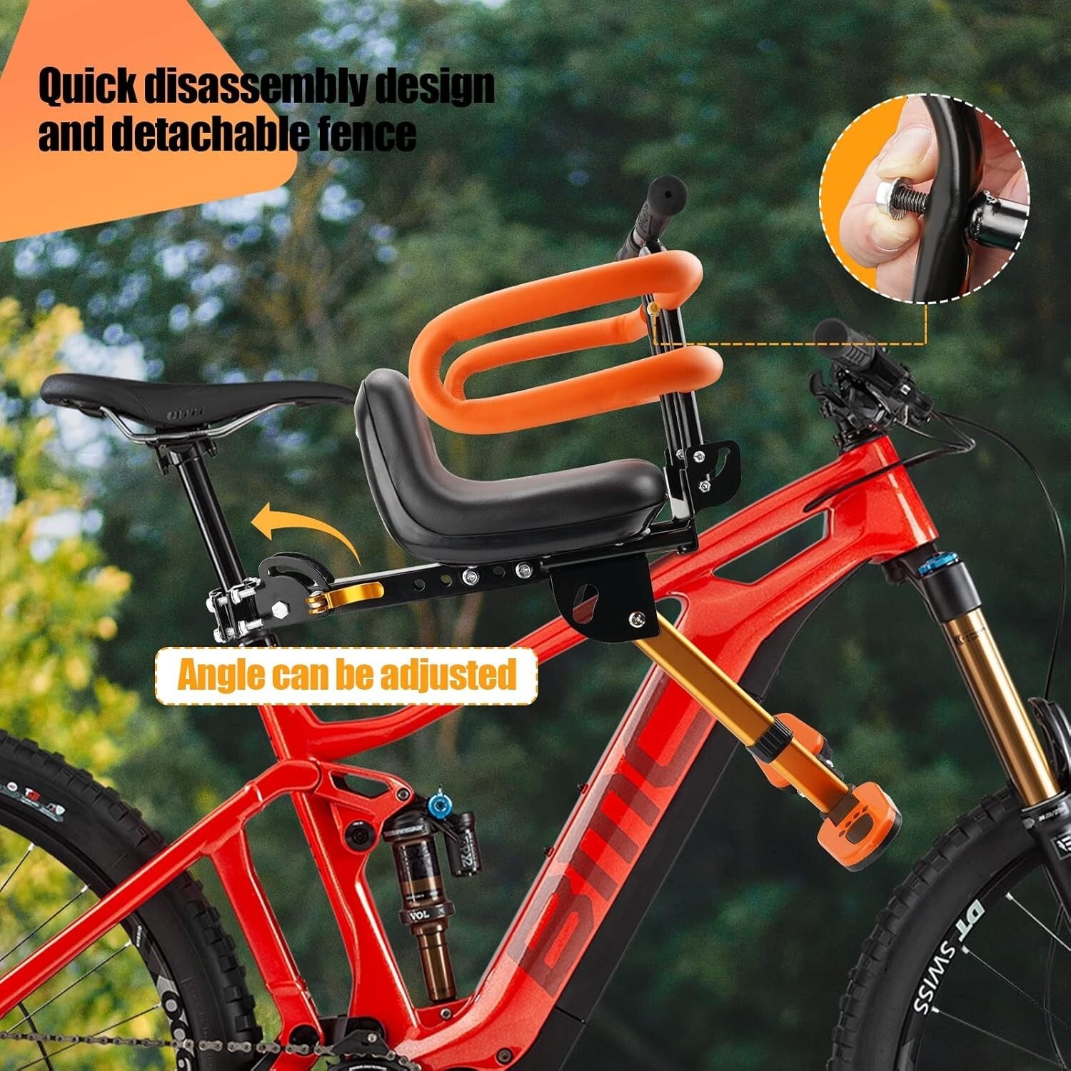 Adjustable Front Mounted Kids Bike Seat with Foot Pedals & Backrest Comfort