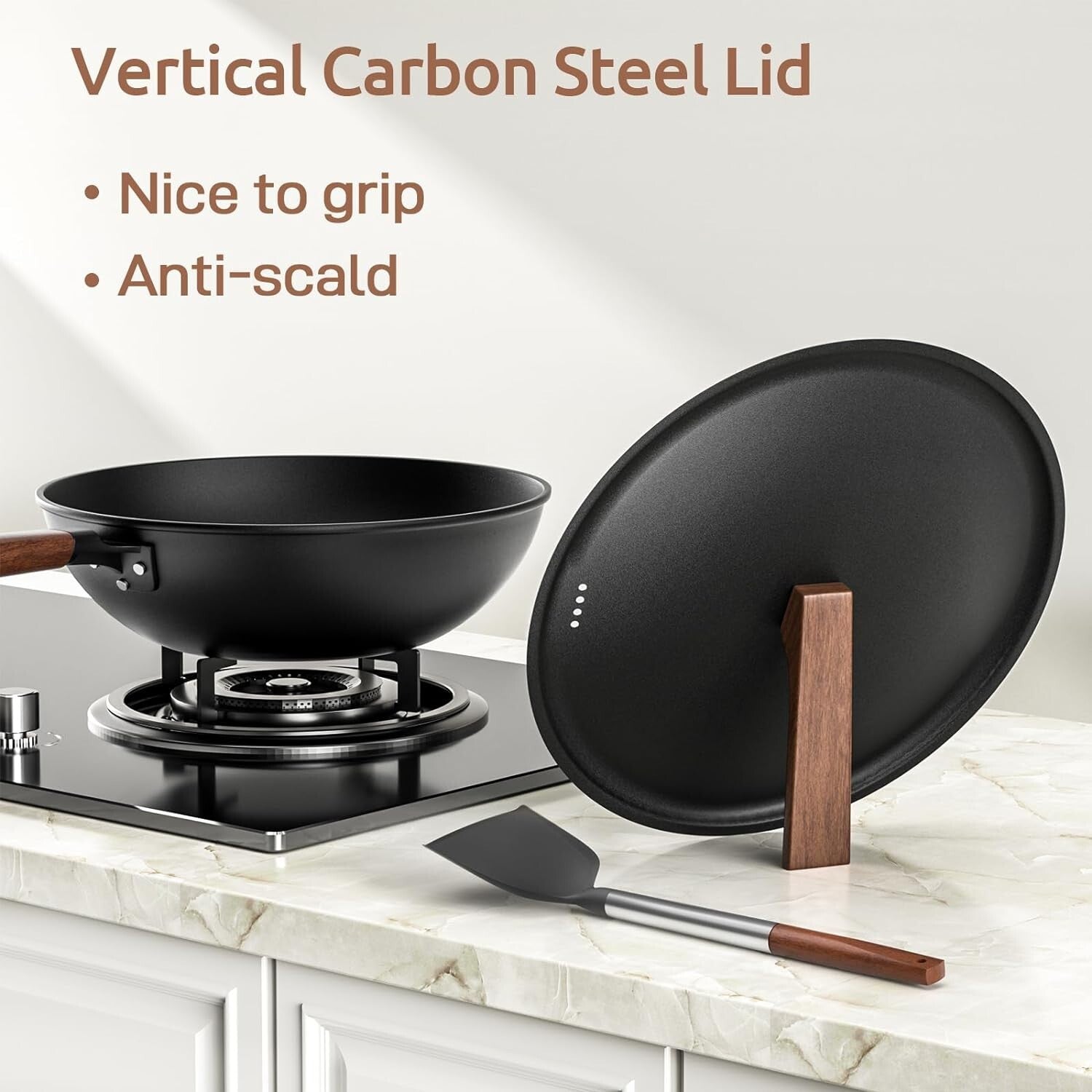 High-Temperature Carbon Steel Wok, 13-Inch with Vertical Lid & Non-Stick Spatula
