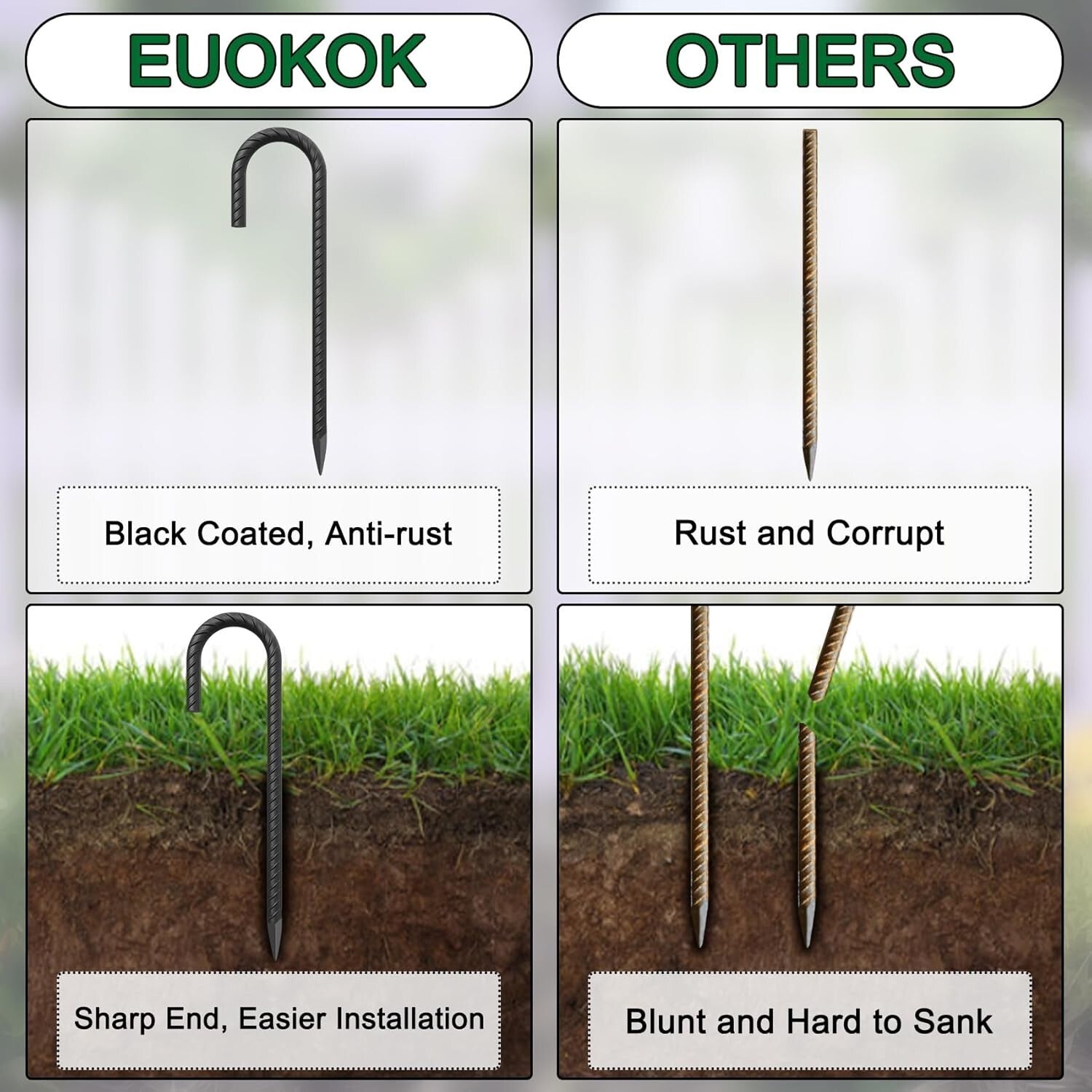 24" Steel Rebar Ground Stakes Set - Essential J Hook Tent and Garden Anchors
