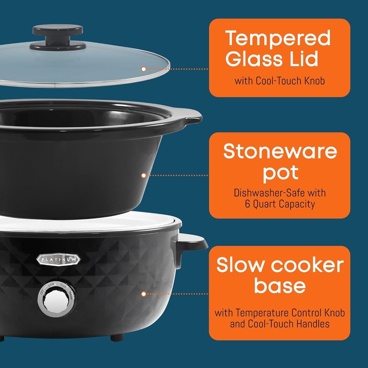 Versatile Slow Cooker with Cool-Touch Handles - 6 Quart Diamond Pattern Design