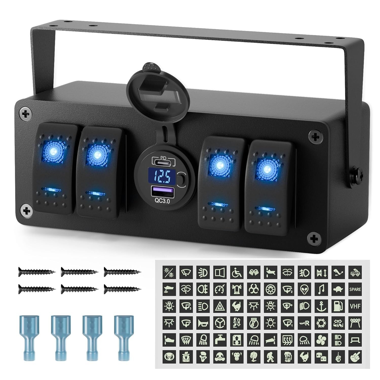 Durable Marine 4 Gang Switch Box with Built-in LED Voltmeter & Adjustable Mount