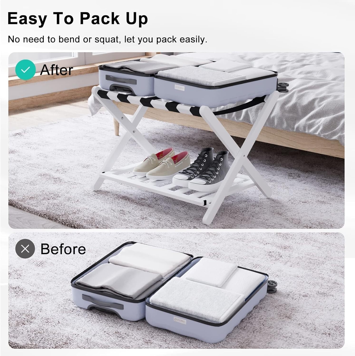 Elegantly Foldable Bamboo Luggage Rack with Upgraded 5 Nylon Straps, 1 Pc