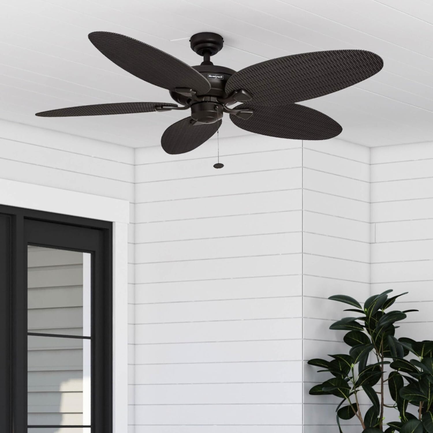Energy Efficient 52-Inch Damp Rated Ceiling Fan with Hand-Carved Tropical Blades
