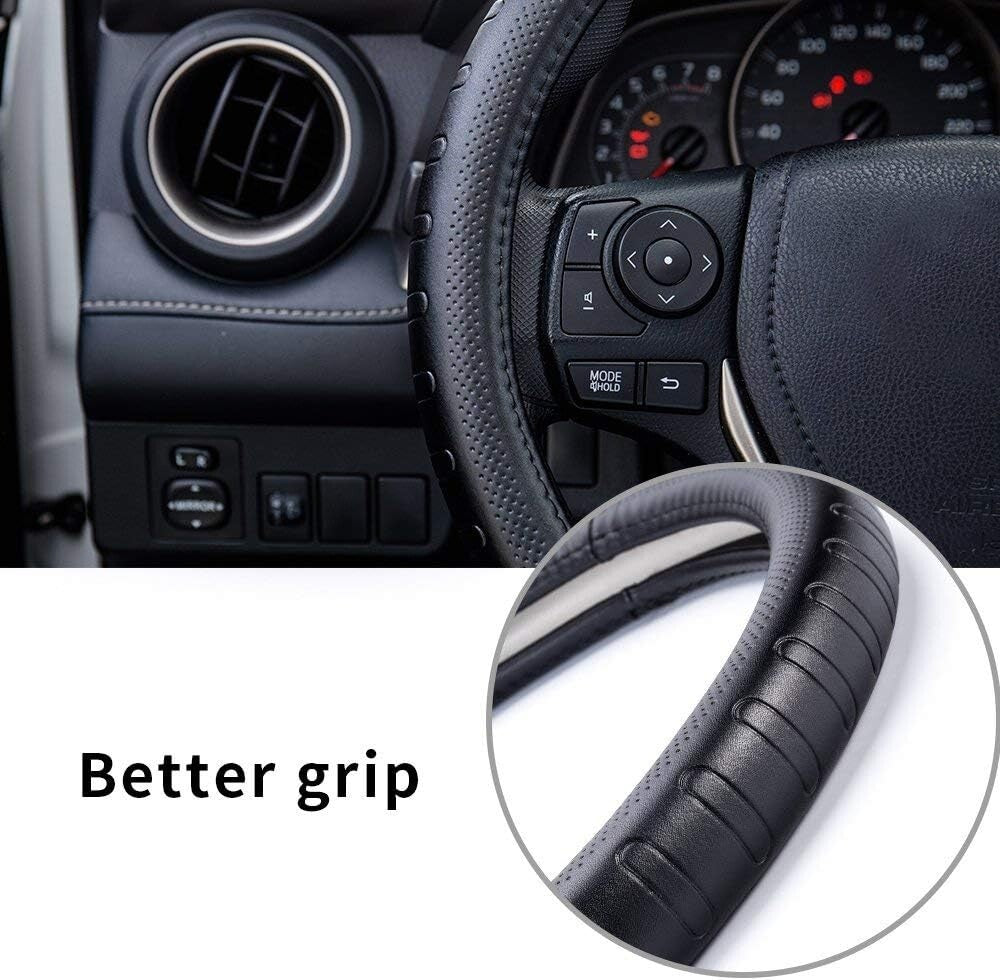 15.5-Inch Black Leather Steering Wheel Cover – Protect & Enhance Driving Comfort
