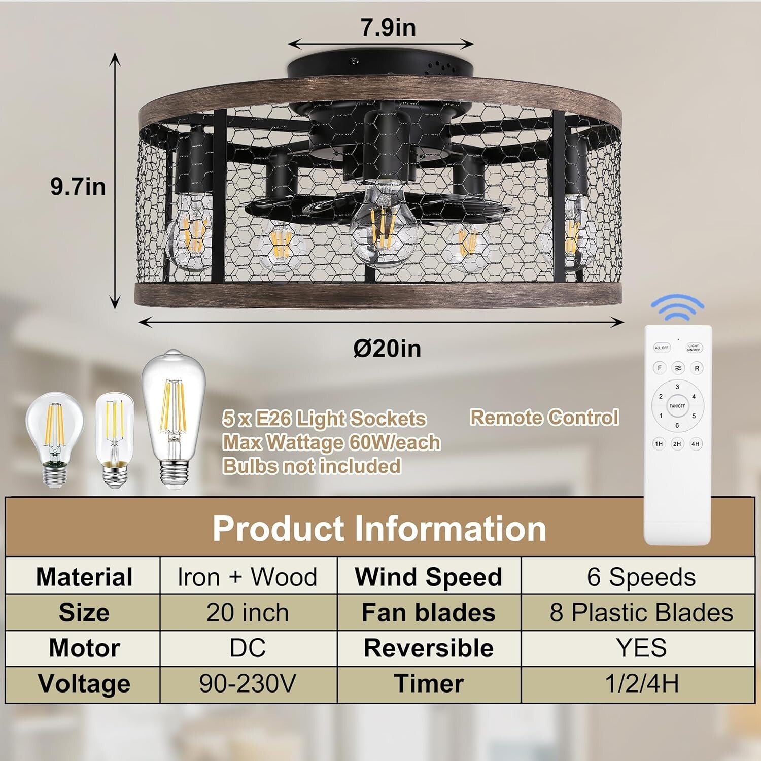 20'' Flush Mount Rustic Ceiling Fan with Lights & Remote for Stylish Spaces
