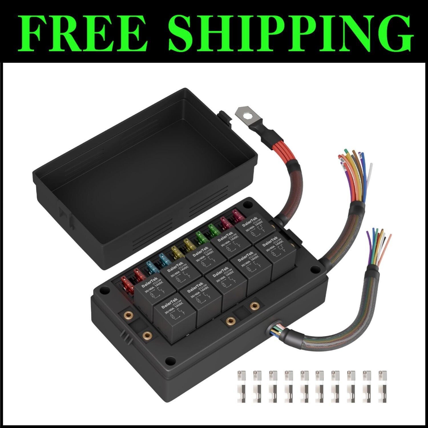 12V Pre-Wired Relay Box with 10-Way Fuse Panel - Dustproof Automotive Solution