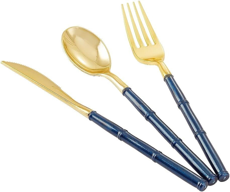 Disposable Gold Plastic Cutlery with Blue Glitter Bamboo Handles - 180 Pieces