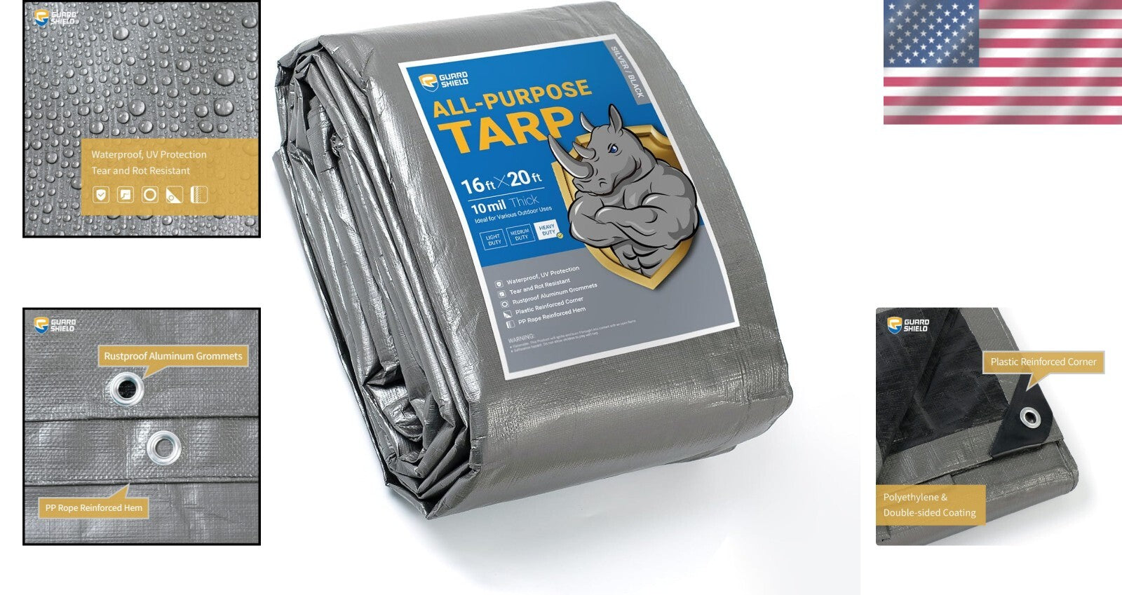 16x20 Heavy Duty Waterproof Tarp - Silver/Black Polyethylene Multi-Purpose Cover