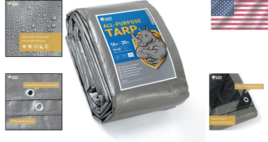 16x20 Heavy Duty Waterproof Tarp - Silver/Black Polyethylene Multi-Purpose Cover