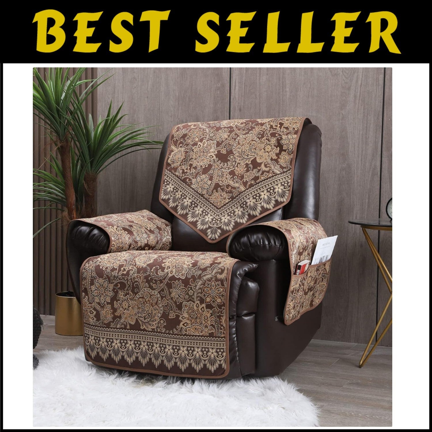 Elegant Waterproof Recliner Chair Covers with Non-Slip Design & Pockets - Brown