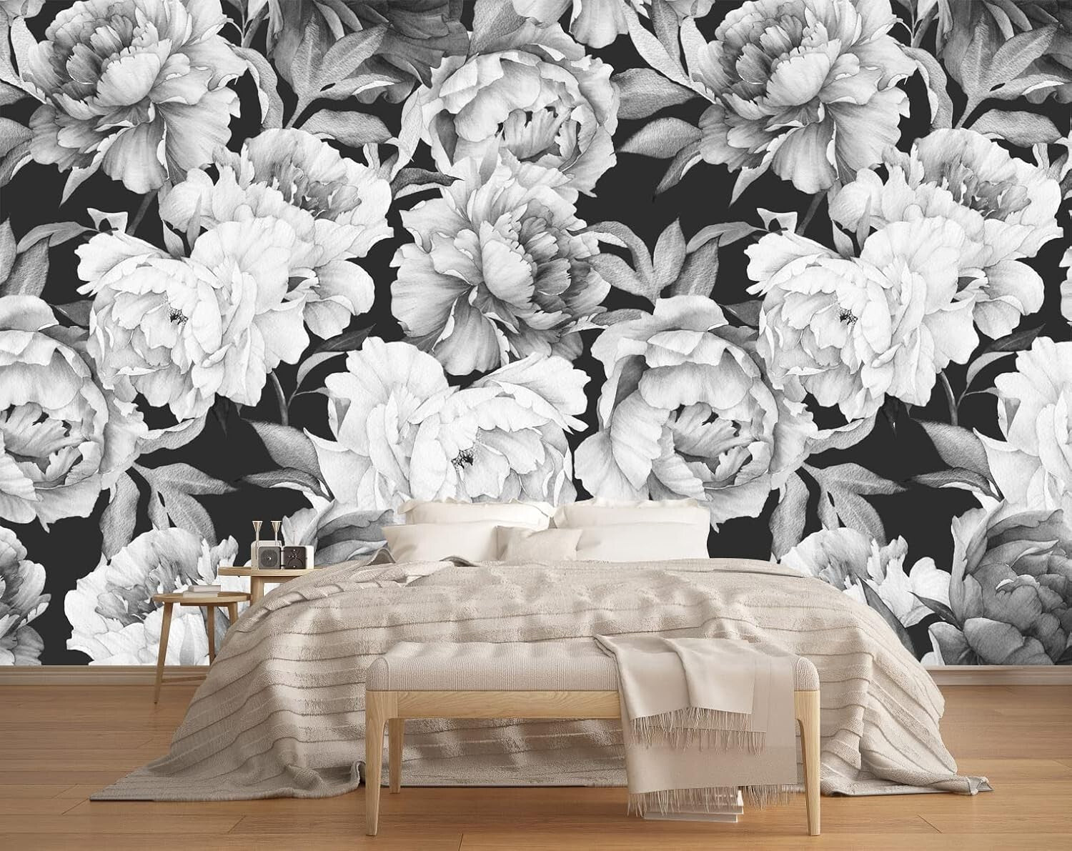 Watercolor Peonies Wallpaper Mural in Elegant Design - 7 Easy-Install Strips