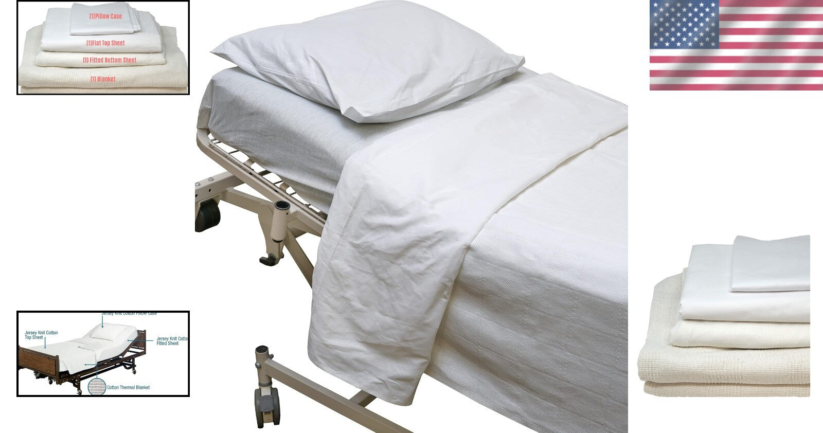 White All-Weather Hospital Bed Linen Set - Fitted Sheet, Pillowcase & Blanket