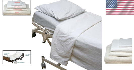 White All-Weather Hospital Bed Linen Set - Fitted Sheet, Pillowcase & Blanket