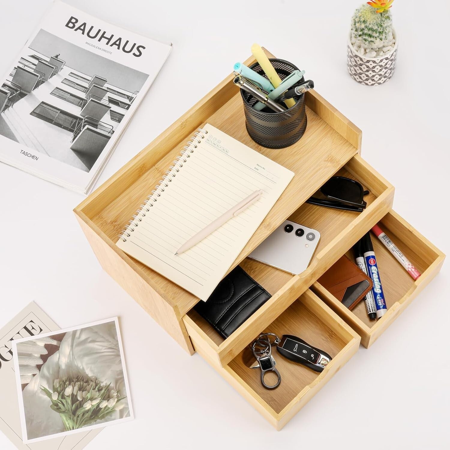 Elegant 3-Drawer Bamboo Desk Organizer with Shelf - Perfect for Makeup & Office