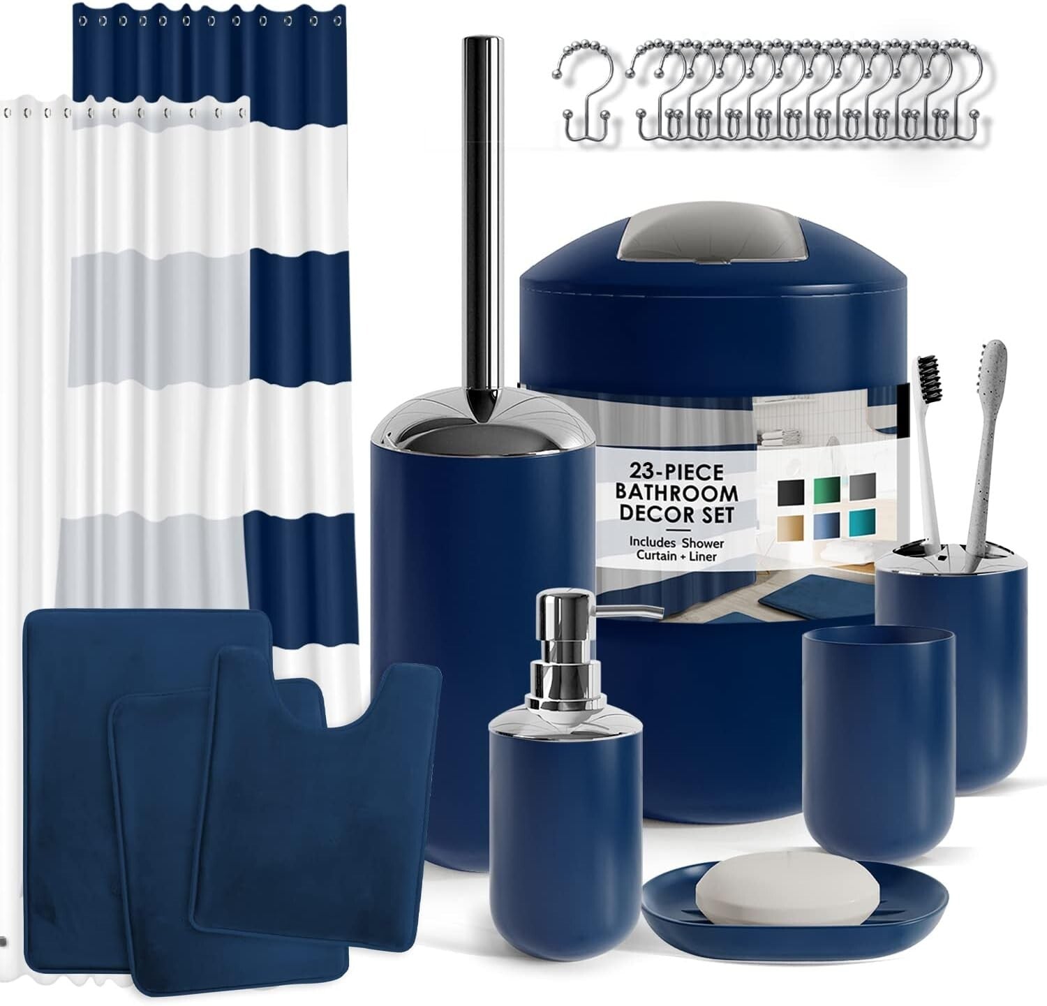 Elegant Navy Blue Bathroom Set with Rug, Shower Curtain & Accessory Essentials