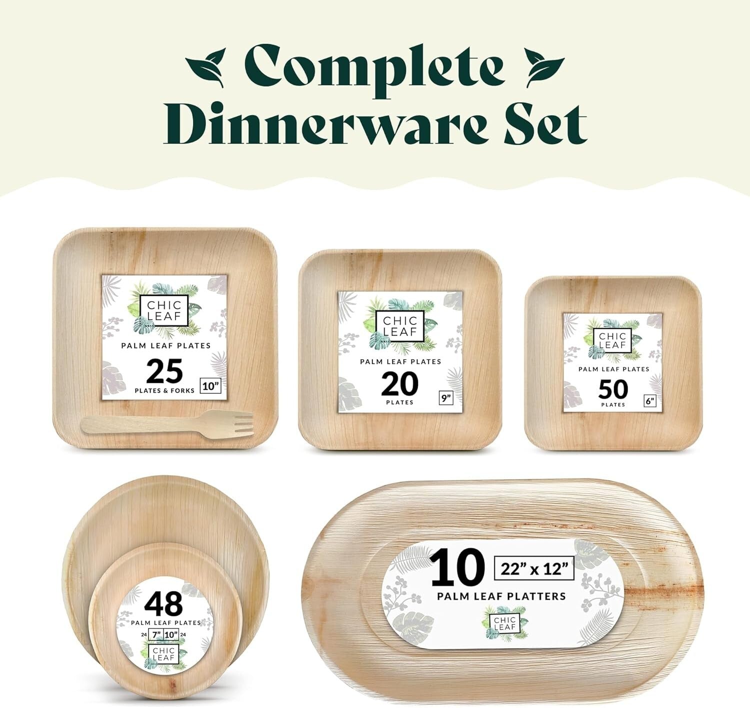 Eco-Friendly 48-Piece Set - Biodegradable 10" & 7" Square Palm Leaf Plates