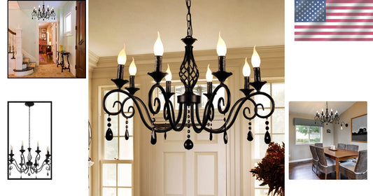 Stunning 8-Light Vintage Chandelier - Adjustable Dimming, Black & Crystal Finish