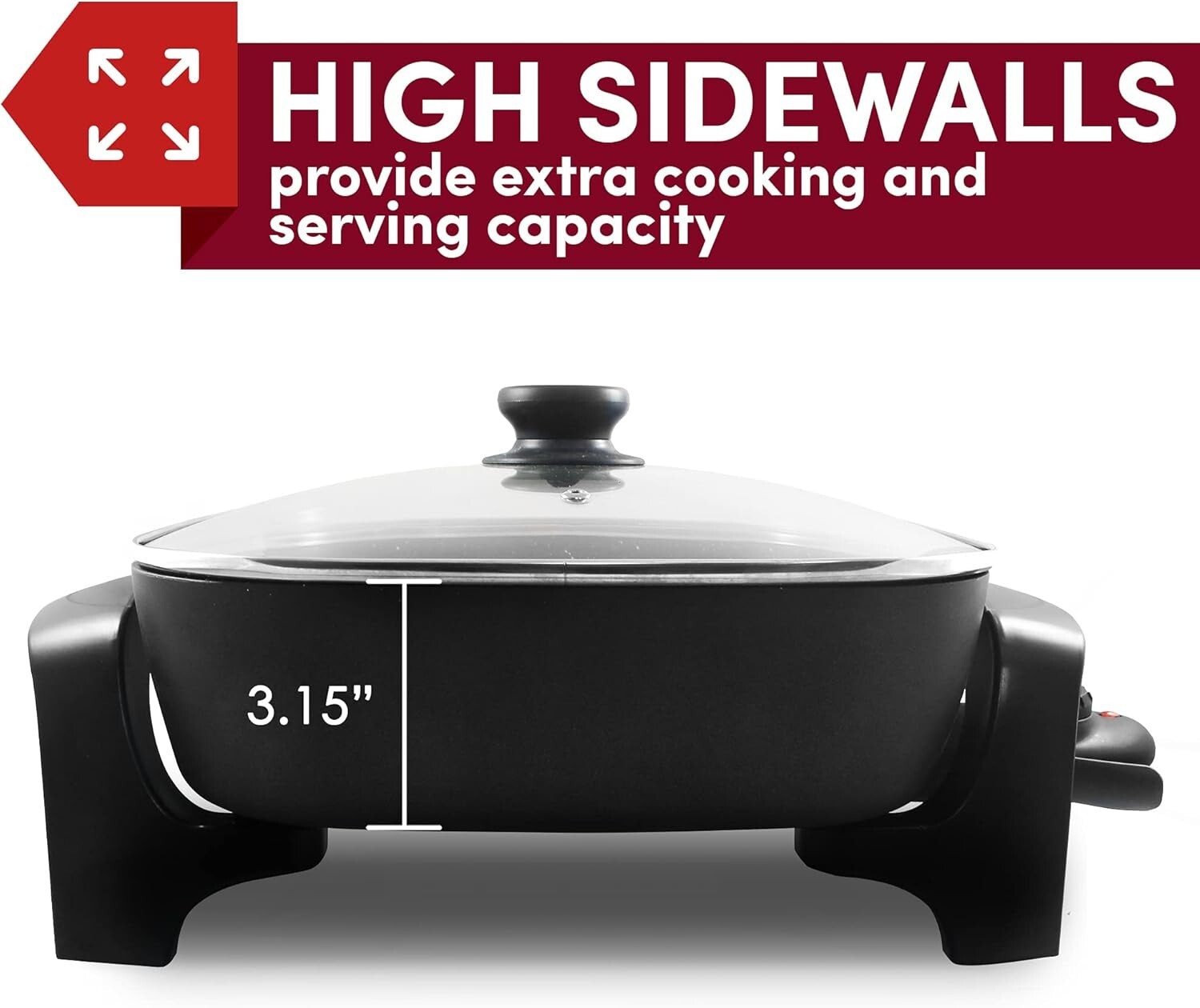 Family-Sized 7.5Qt Electric Skillet - 12" Deep Non-Stick with Tempered Glass Lid