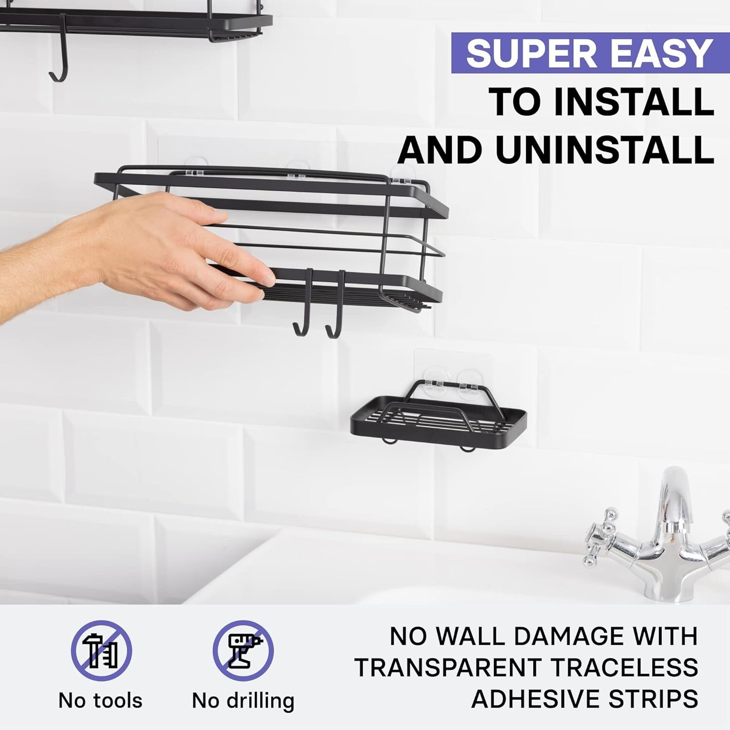 Durable No Drill Adhesive Shower Organizer with Soap Holder - 15lbs Capacity