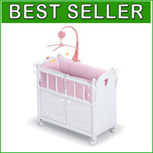 Load image into Gallery viewer, Heirloom Wooden Doll Bed with Storage &amp; Musical Mobile, Personalized Kit - 22in