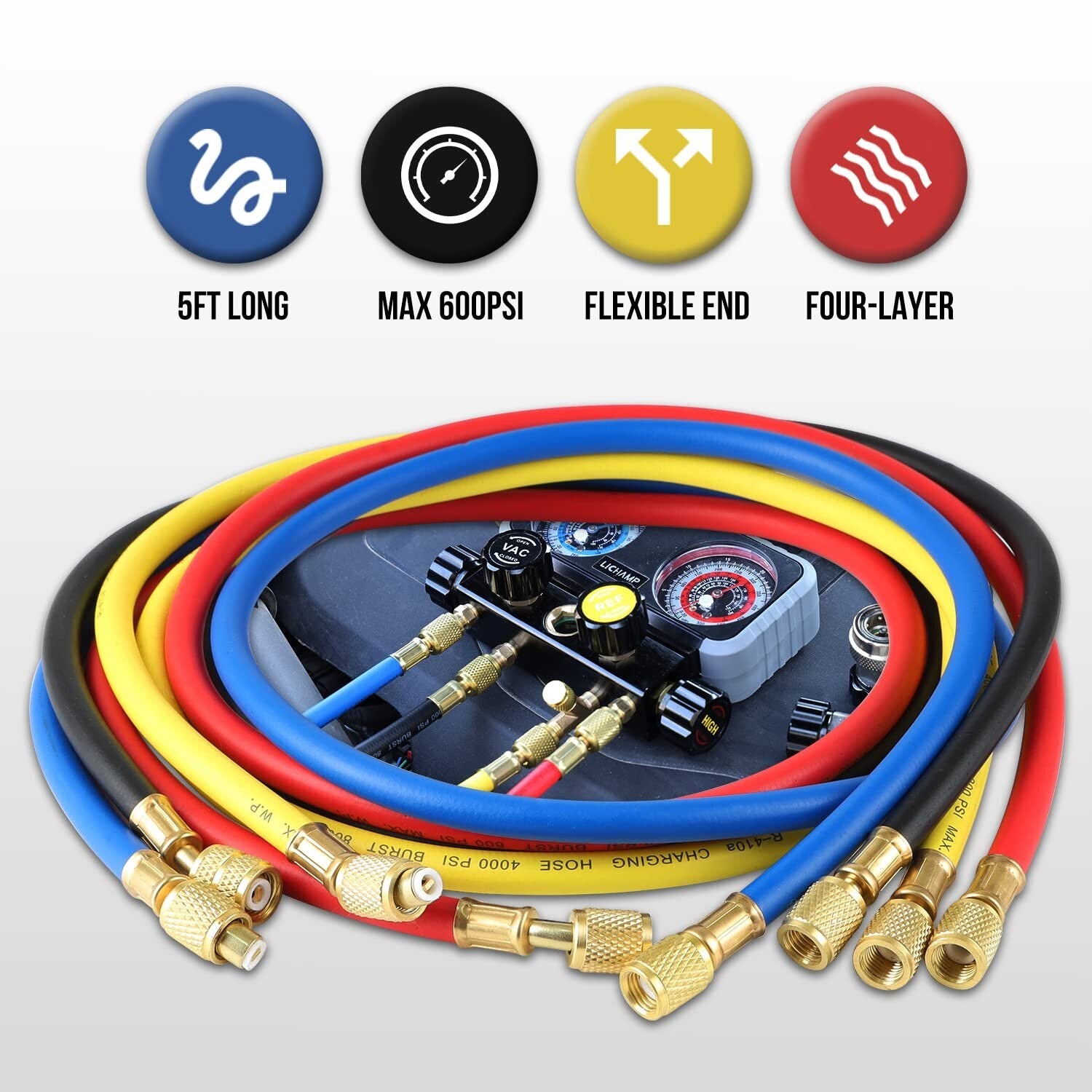 Automotive 4 Valve Manifold A/C Gauge Set – Complete with Essential Accessories