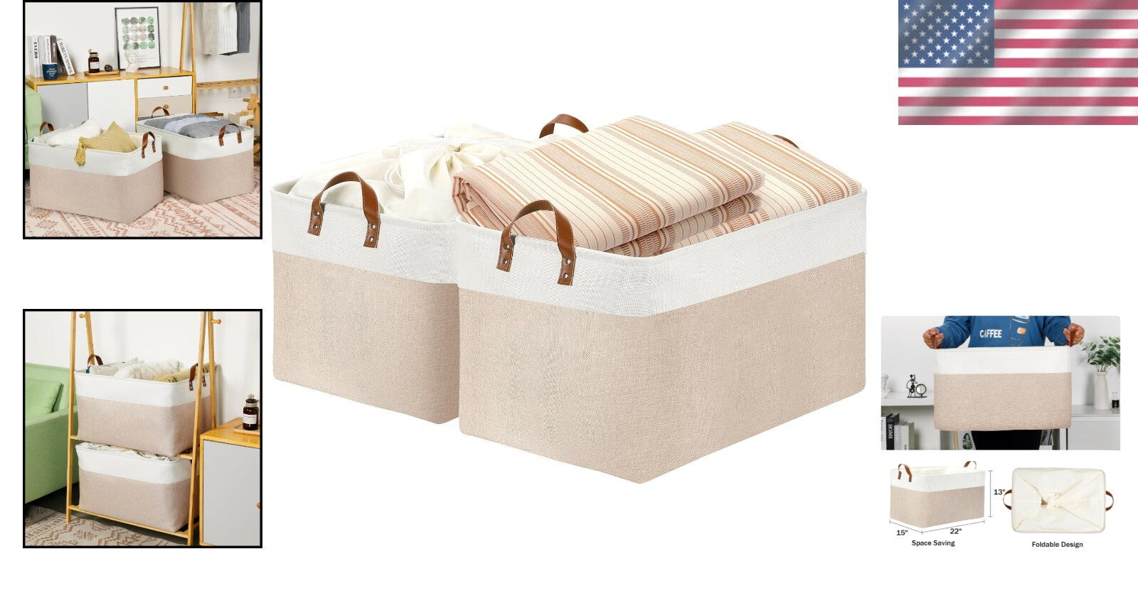 Extra Large Fabric Storage Baskets - 22" x 15" x 13" - Stylish Organization